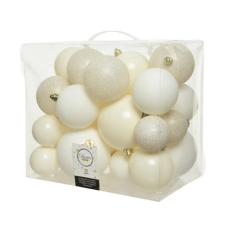 Decoris Kerstballen – 26x st – wol wit – 6-8-10 cm
