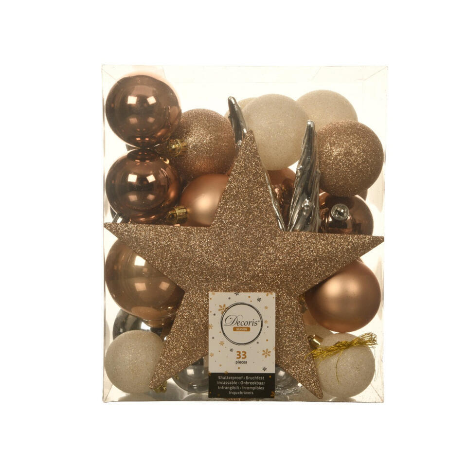 Decoris kerstballen – 34-dlg – bruin/wit/zilver – kunststof