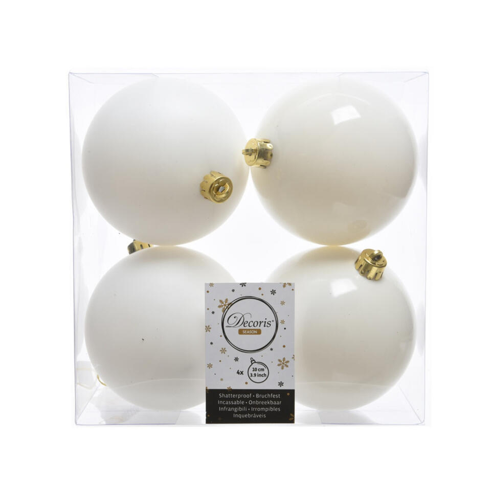 Decoris Kerstballen – 4x st – wol wit – 10 cm – kunststof