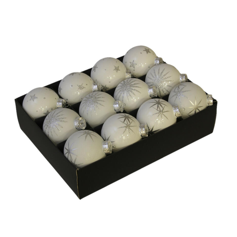 Othmara Kerstballen – 12st – glas – gedecoreerd wit – 7,5 cm