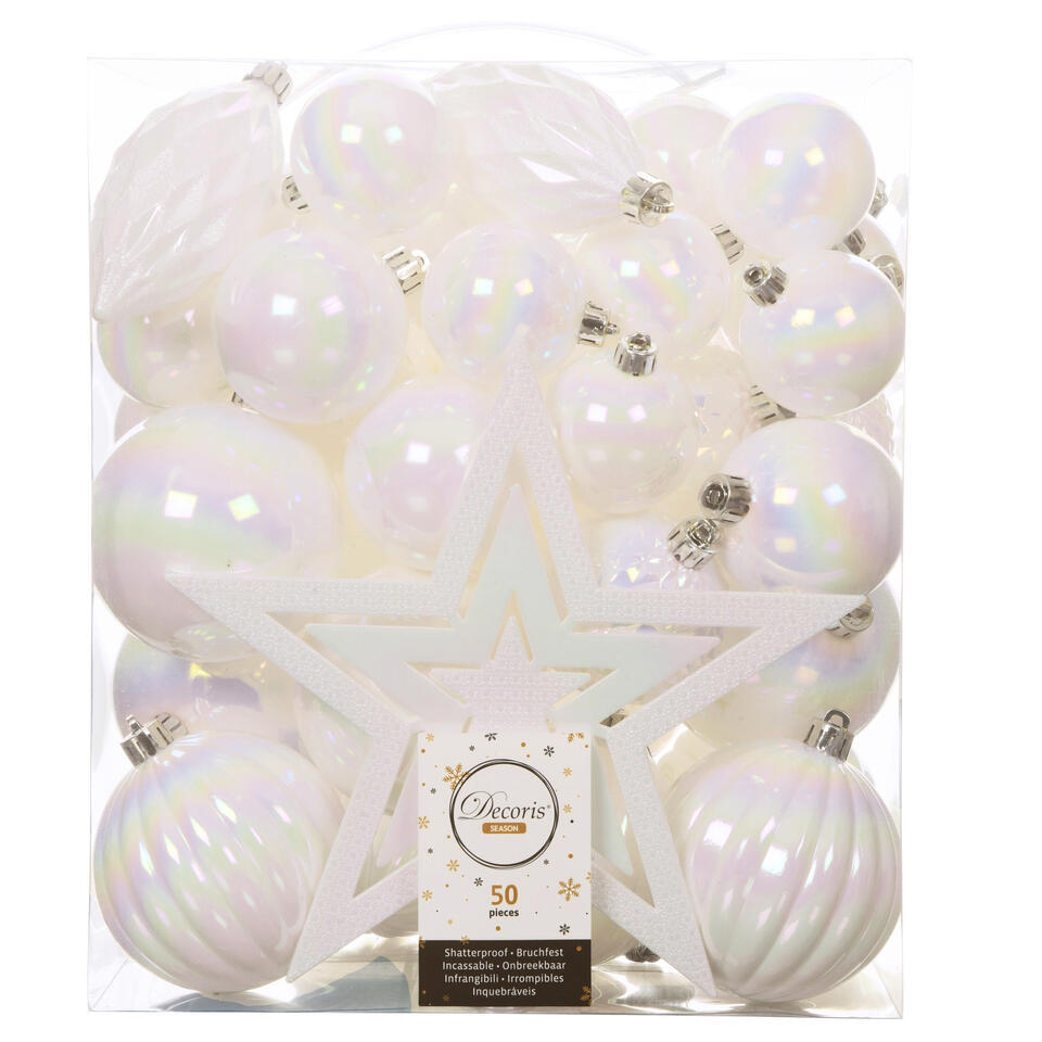 Decoris Kerstballen met piek – 49st – kunststof – parel wit 5-6-8-10cm