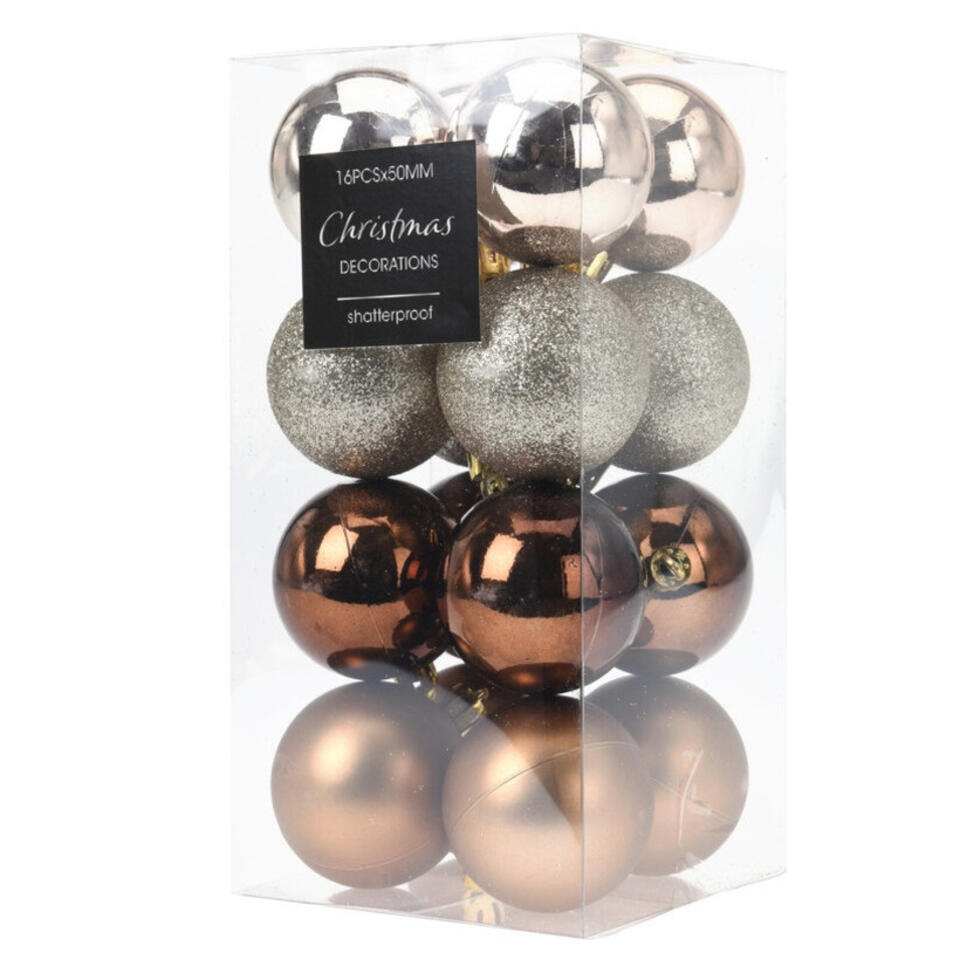 Christmas Decoration Kerstballen – 16x st – bruin/champagne – D5 cm – kunststof