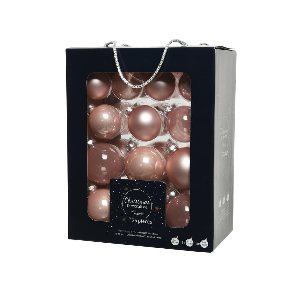 Decoris Kerstballen – 26 stuks – glas – lichtroze – 5-6-7 cm