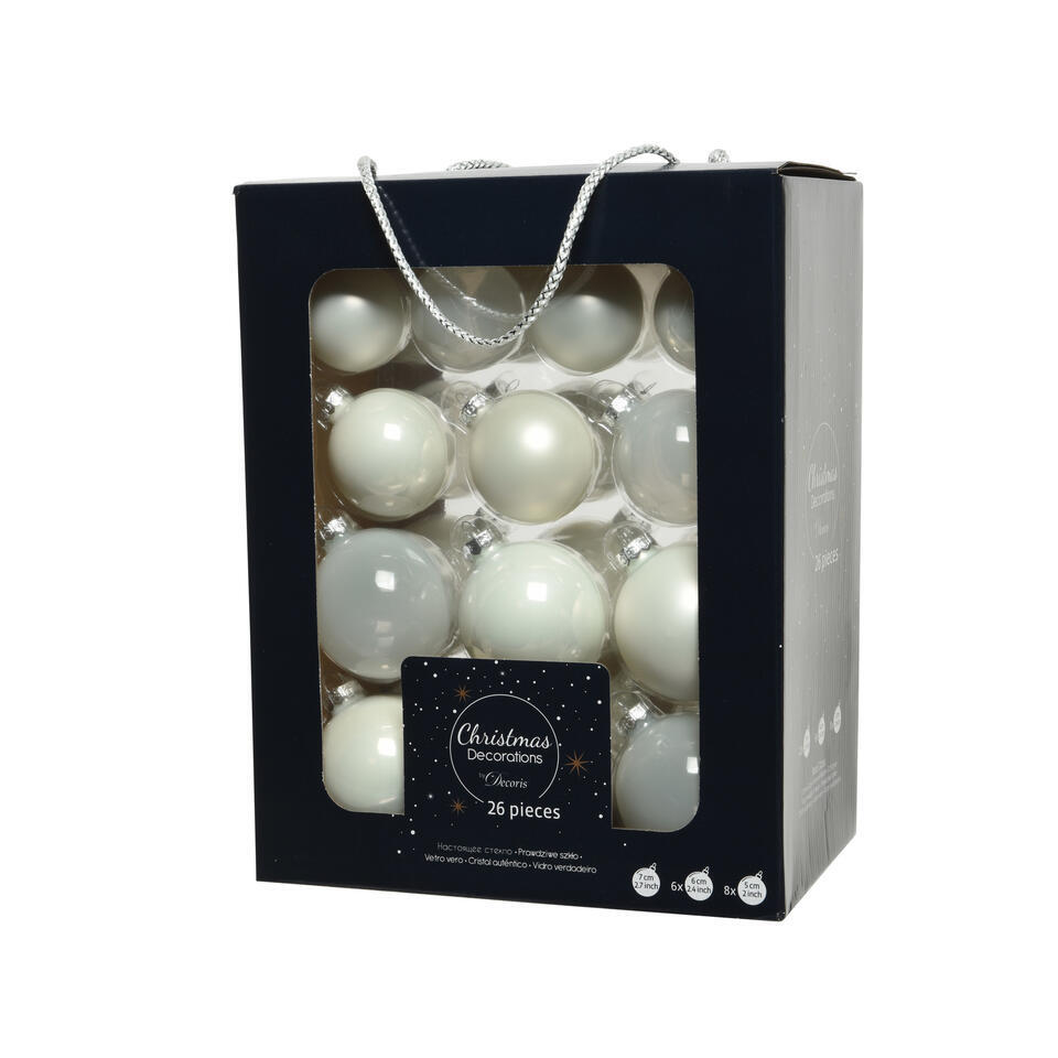 Decoris Kerstballen – 26 stuks – glas – wit – 5-6-7 cm