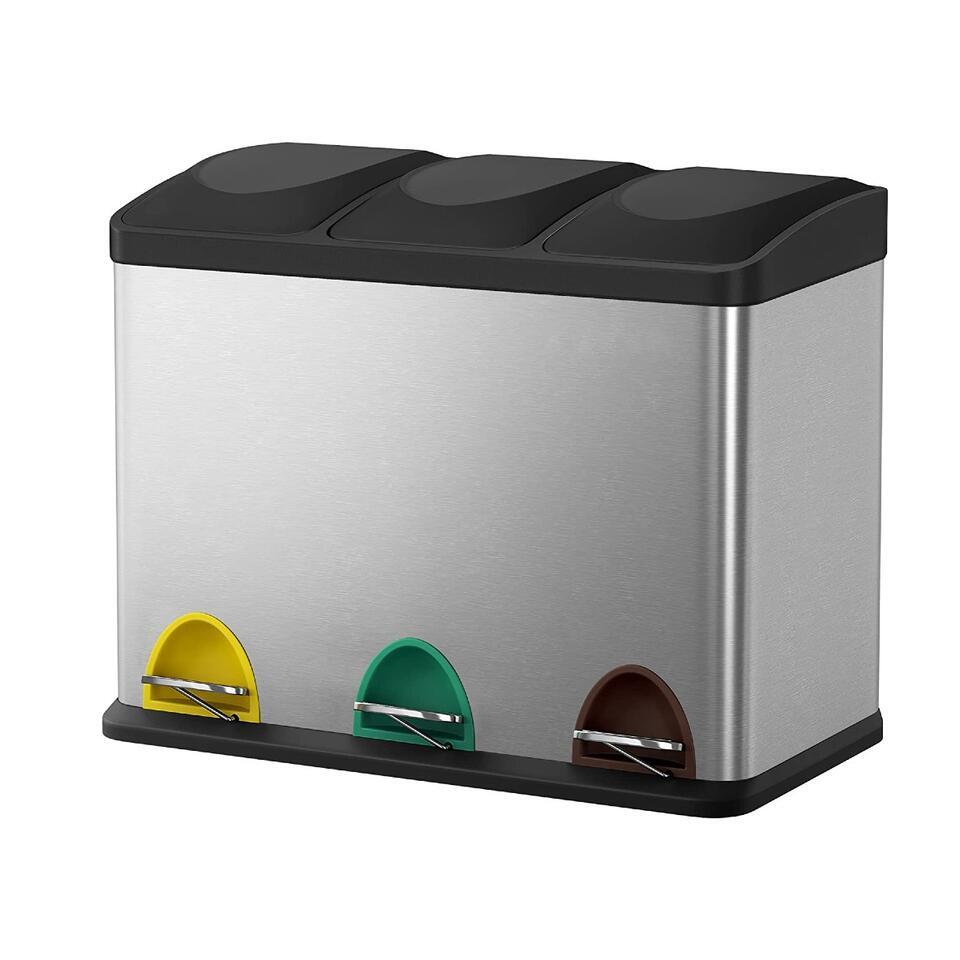 Parya Home – Vuilnisbak – Met binnenemmer – 3 compartimenten – 3x 15L – Zilver
