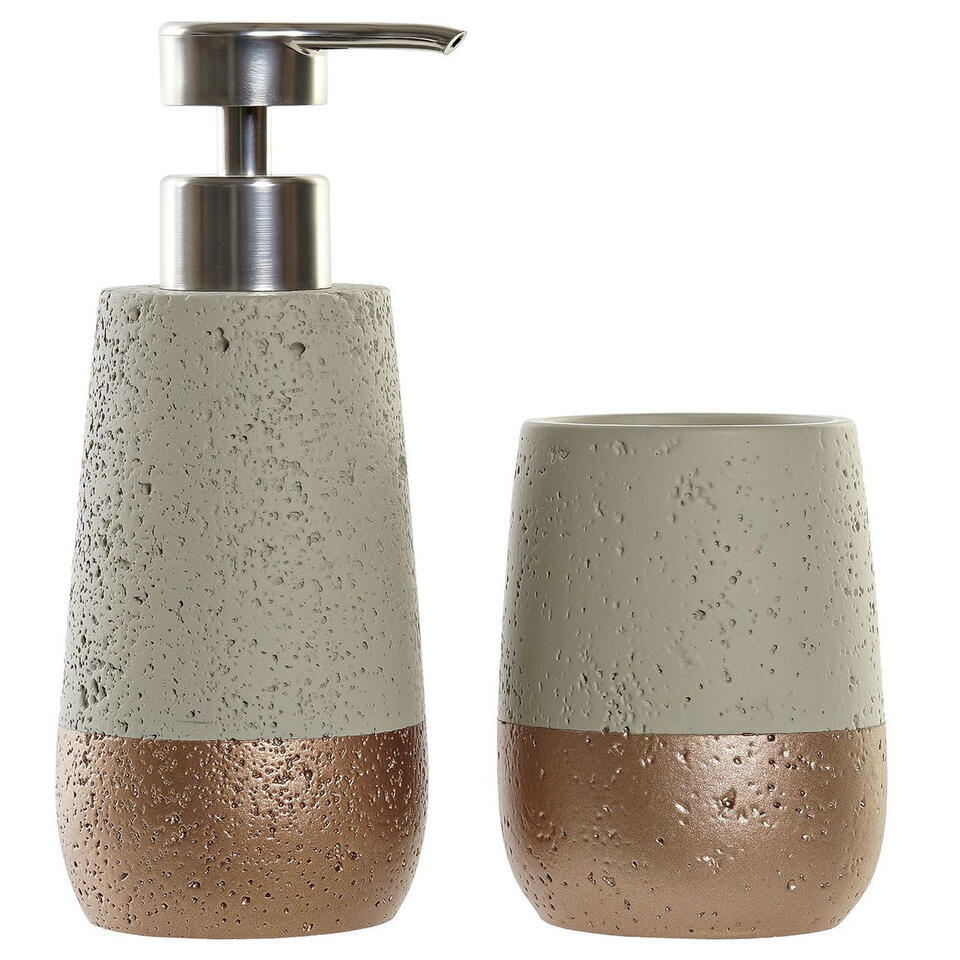Items Badkamerset zeeppompje en beker – polystone – creme/brons
