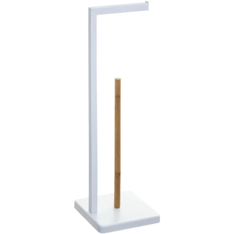 5five Toiletrolhouder – met reservoir – wit -metaal-bamboe – 64cm