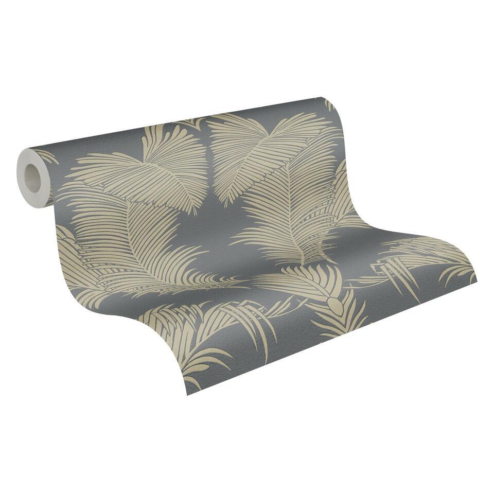 A.S. Création behang palmbladeren goud, grijs en glanzend wit – 53 cm x 10.05 m