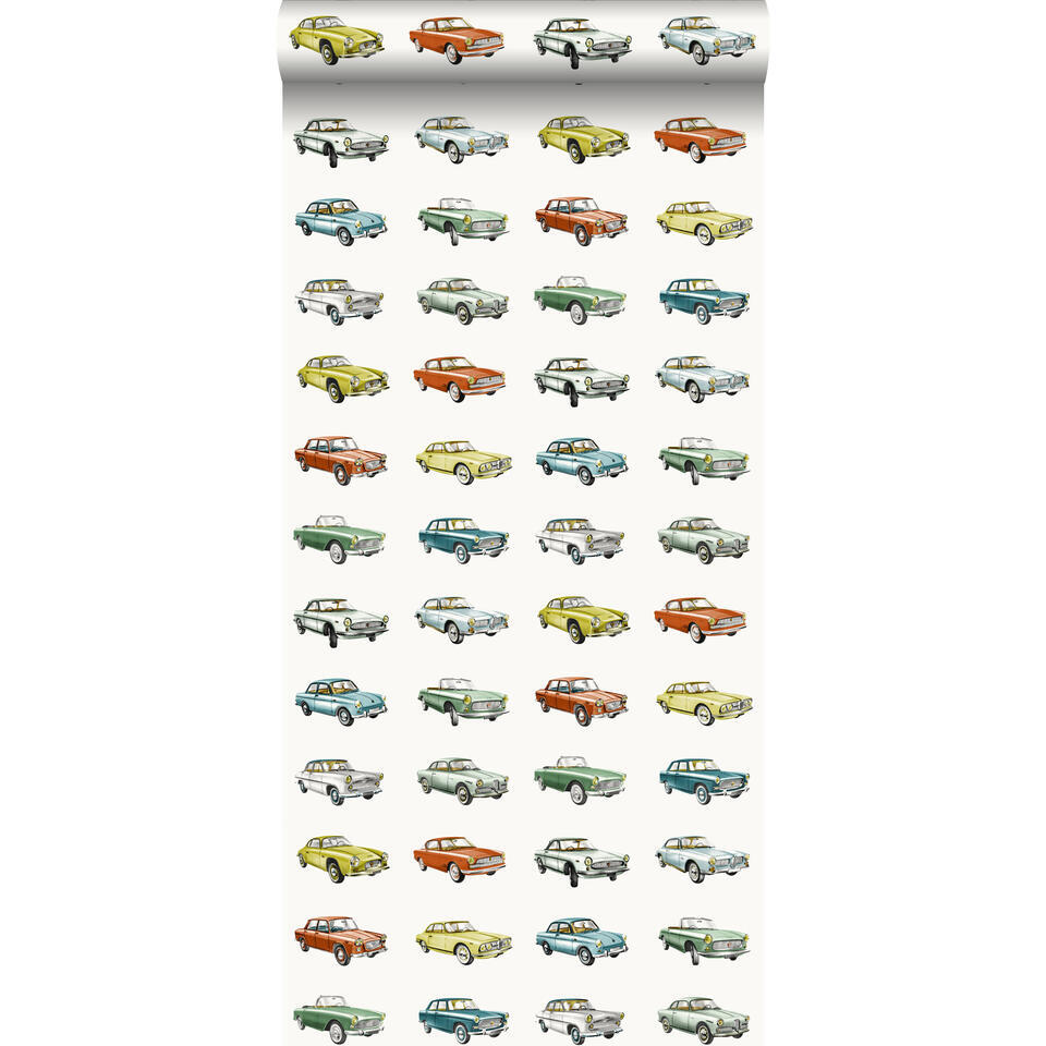Walls4You behang getekende vintage auto's multicolor op wit – 53 cm x 10.05 m