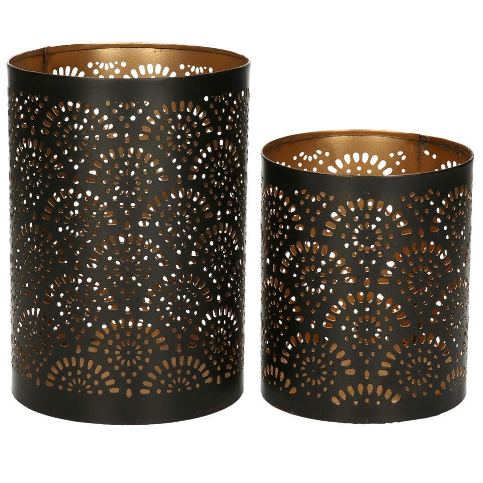Windlicht – motief – 2x – zwart/goud – 10/15 cm – theelichthouder