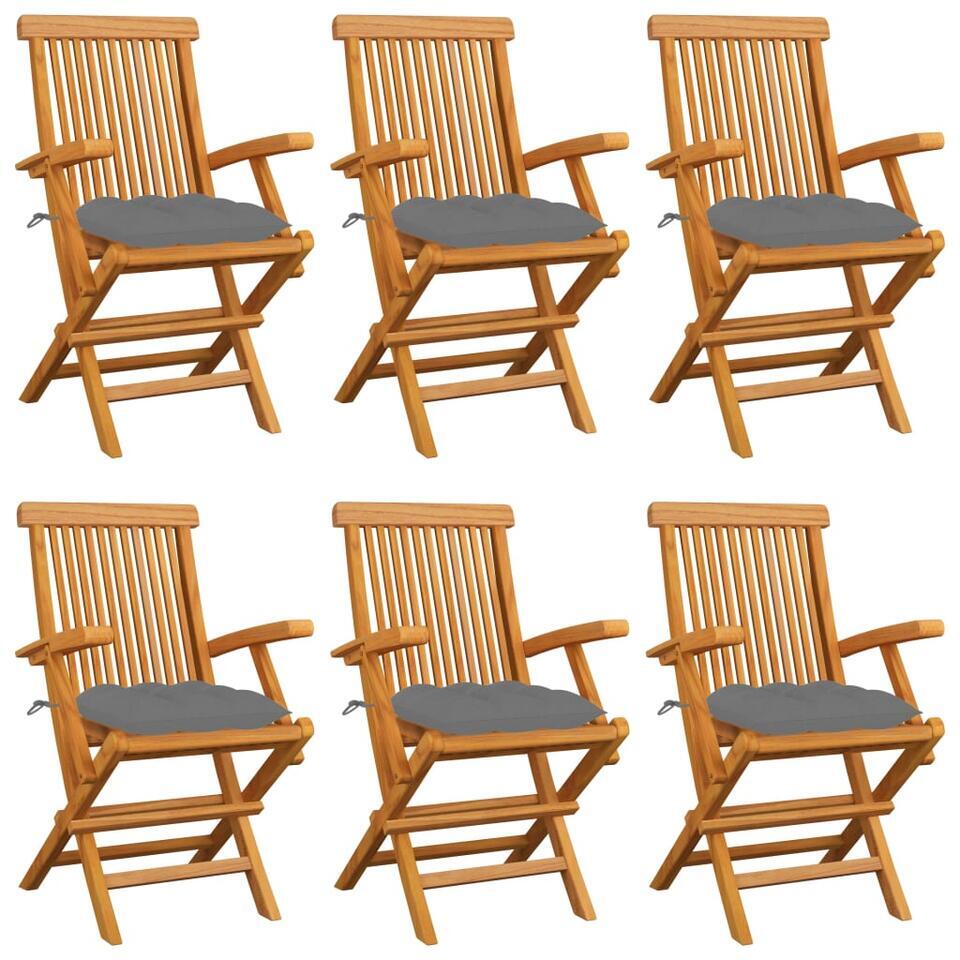 vidaXL – Tuinstoelen met grijze kussens – Massief teakhout – 6 stuks