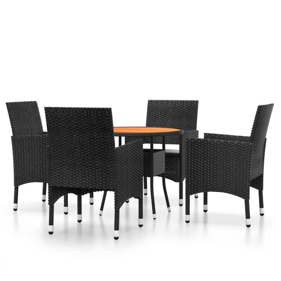 vidaXL – 5-delige Tuinset met kussens zwart – Poly rattan en hout – ø 80 cm