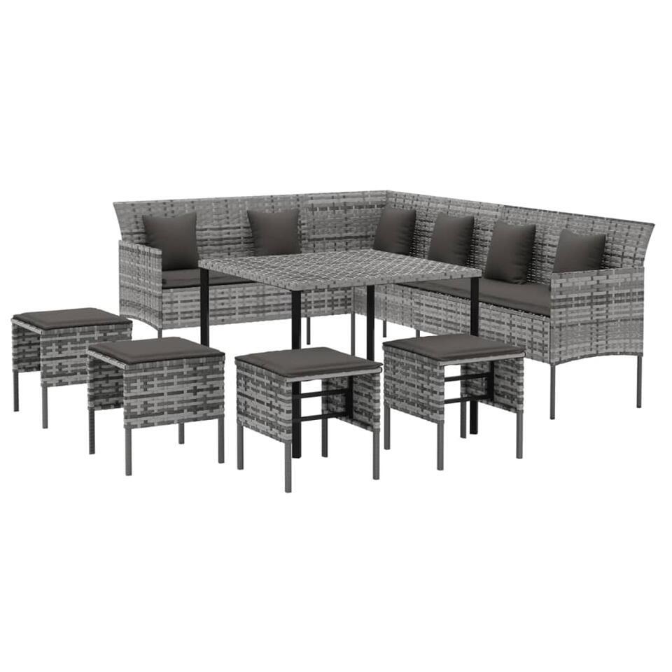 vidaXL – 6-delige Tuinset met kussens 4 krukken – Grijs – PE-rattan – 90×90 cm