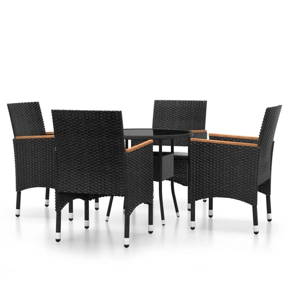 vidaXL – 5-delige Tuinset met kussens zwart – Poly rattan en glas – ø 80 cm