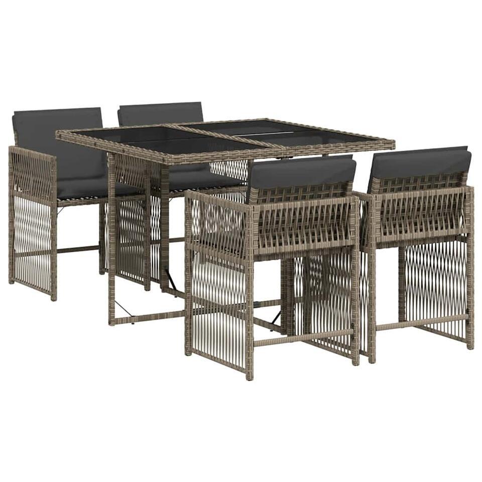 vidaXL – 5-delige Tuinset donkergrijs kussens – PE rattan en staal – 110×106 cm