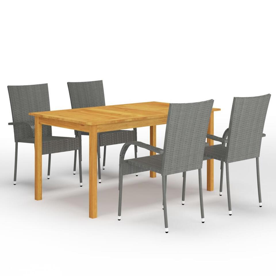 vidaXL – Tuinset grijs – 4 fauteuils en 150×90 cm tafel – Poly rattan en hout