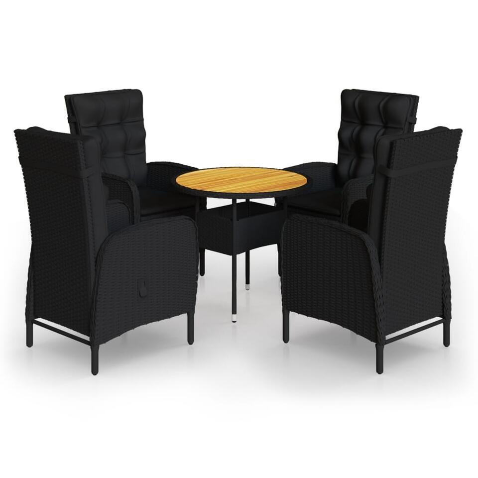 vidaXL – Verstelbaar Tuinset met zwart kussens – Poly rattan en bruin – 5 stuks
