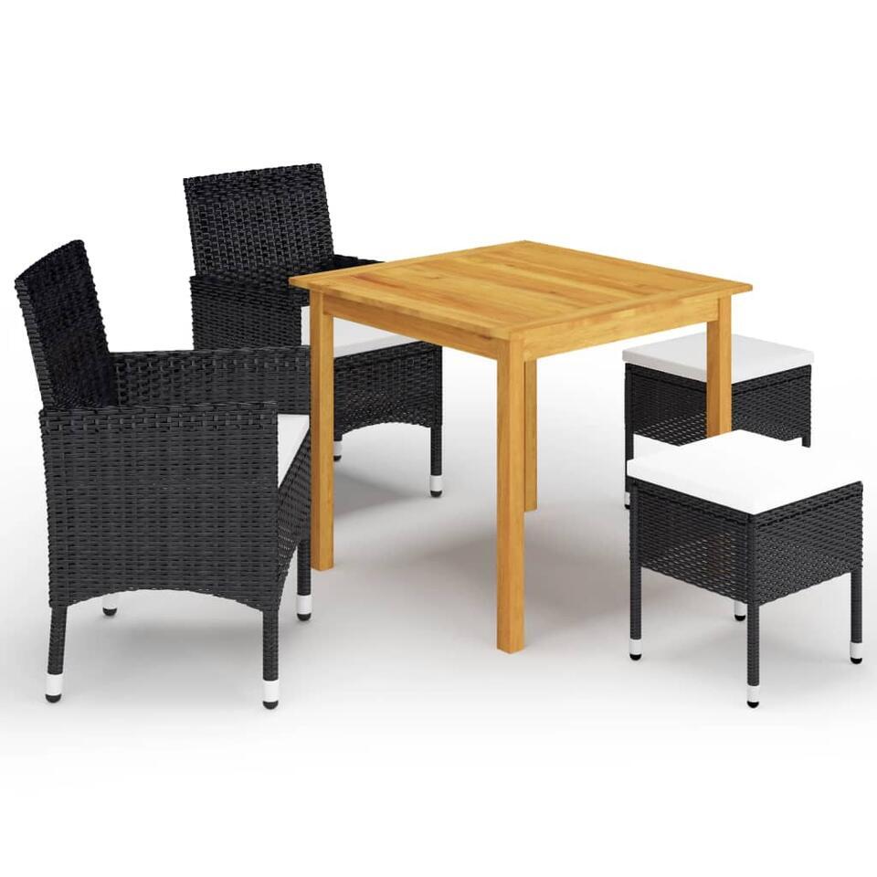vidaXL – 5-delige Tuinset met wit kussens – Zwart – 2+2+1 – 85×85 cm hout tafel