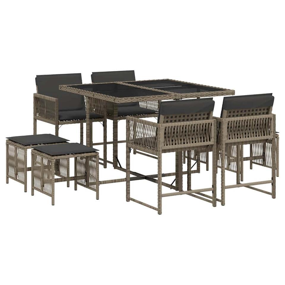 vidaXL – 9-delige Tuinset donkergrijs kussens 4 krukken – PE rattan – 110×106 cm