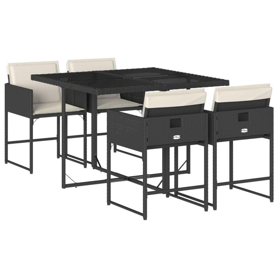 vidaXL – 5-delige Tuinset wit kussens – Zwart – PE rattan en glas – 110×106 cm