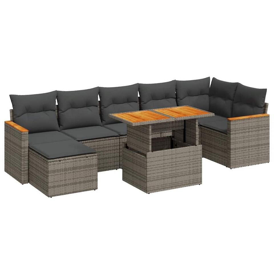 vidaXL Loungeset voor 6 met kussens en verstelbaar tuintafel poly rattan – Grijs