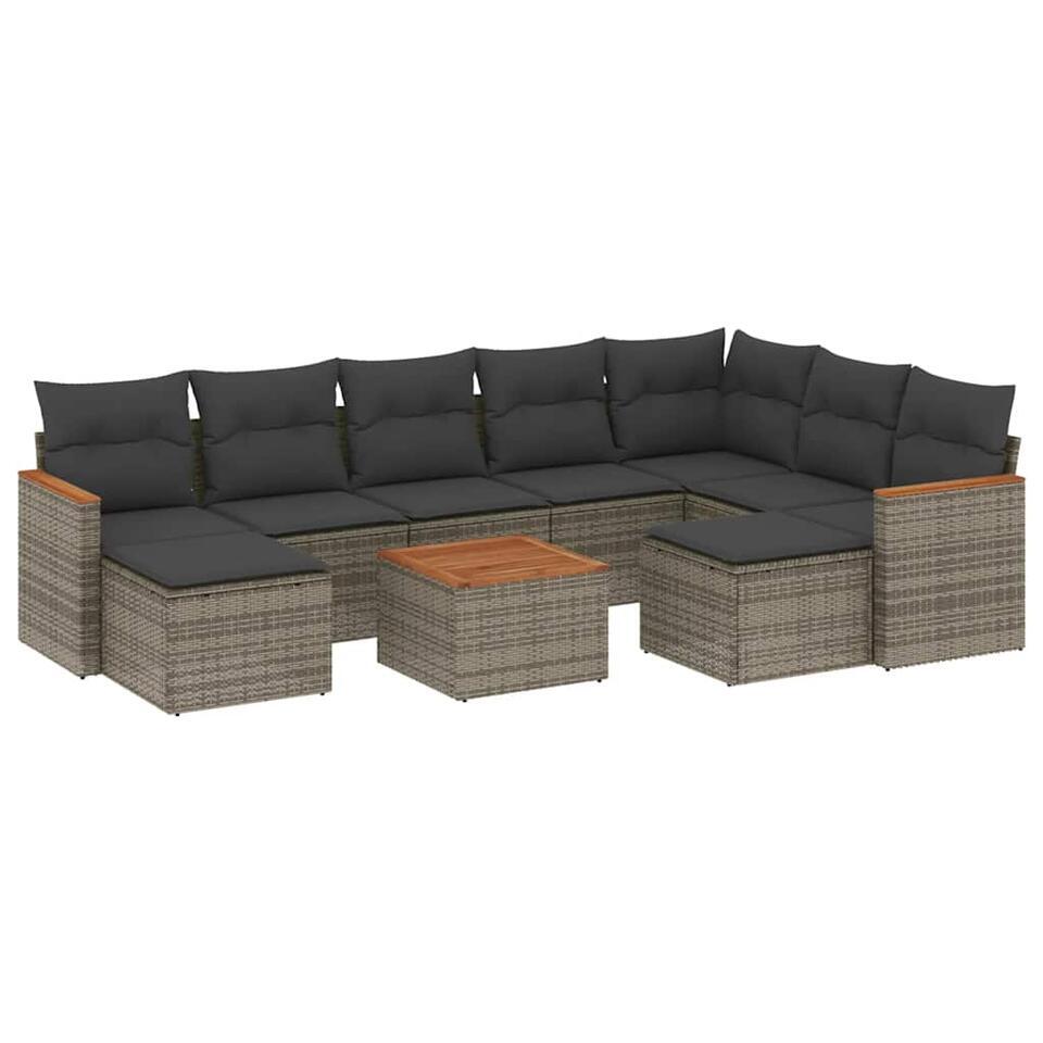 vidaXL Loungeset voor 9 met kussens & krukken – Gris – Poly rattan – 10 stuks