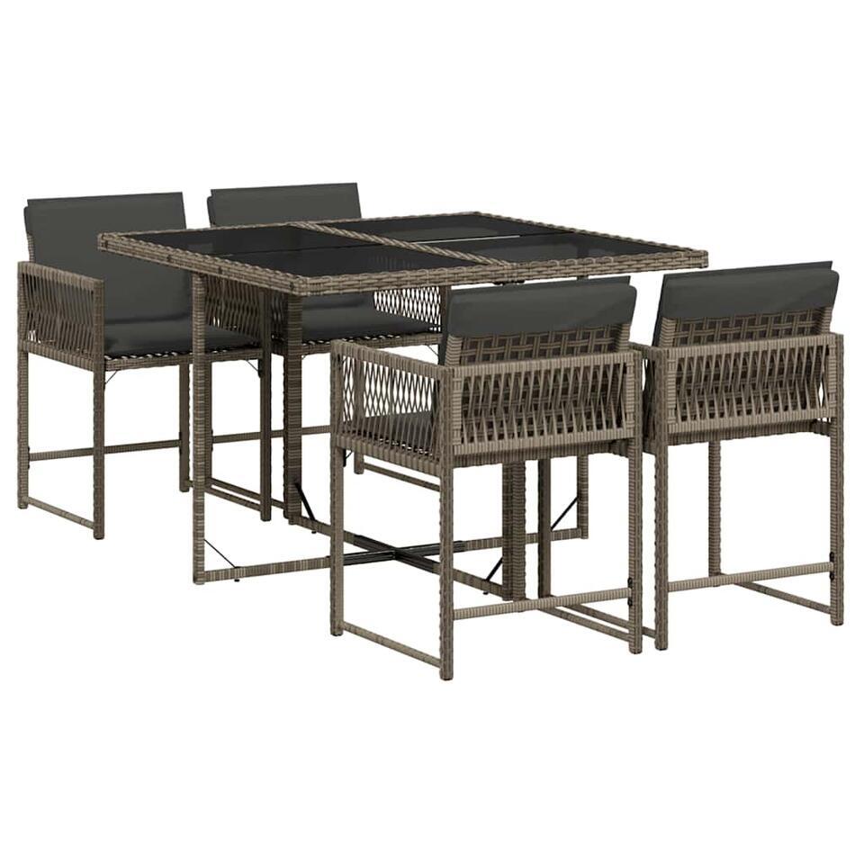 vidaXL – 5-delige Tuinset donkergrijs kussens – Grijs PE rattan – 110×106 cm