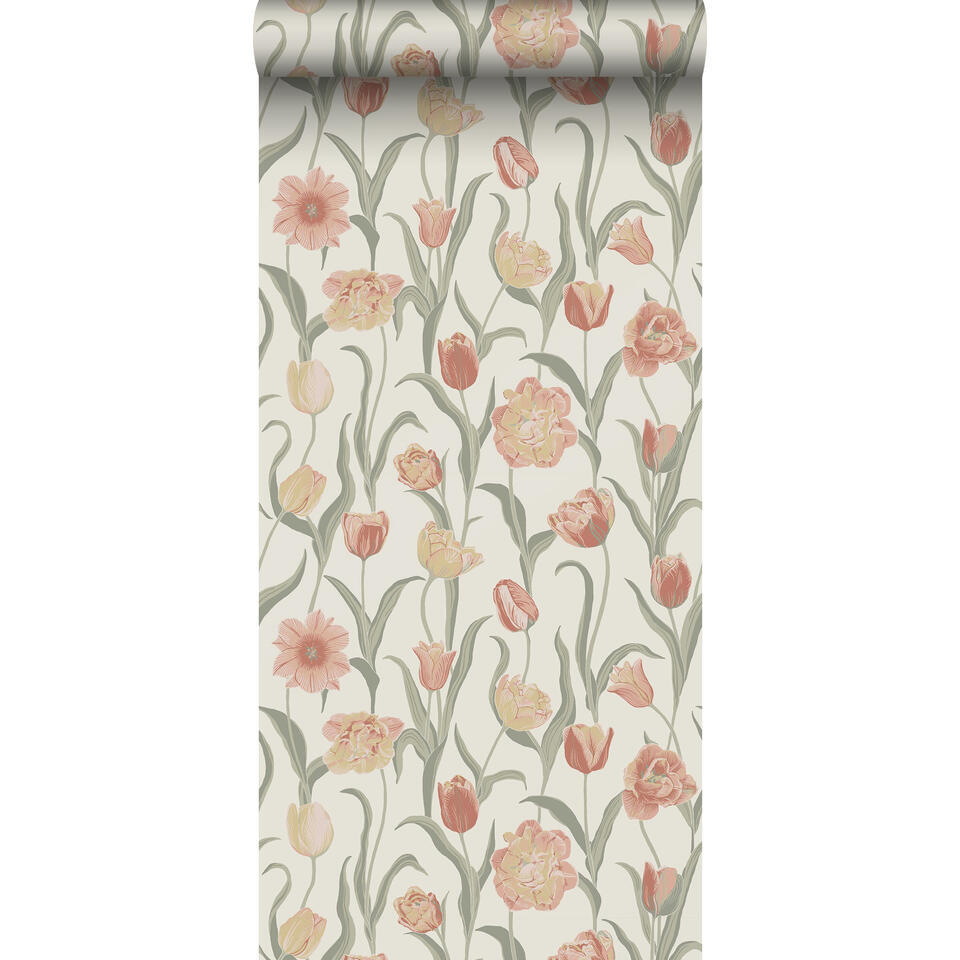 Borastapeter behang bloemen terracotta en groen – 53 cm x 10.05 m