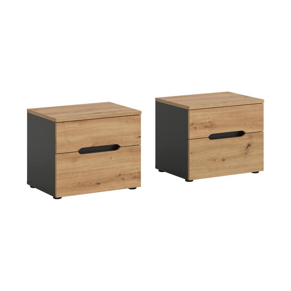 Hioshop Canu nachtkastje 2 stuks 2 laden grijs- eik decor