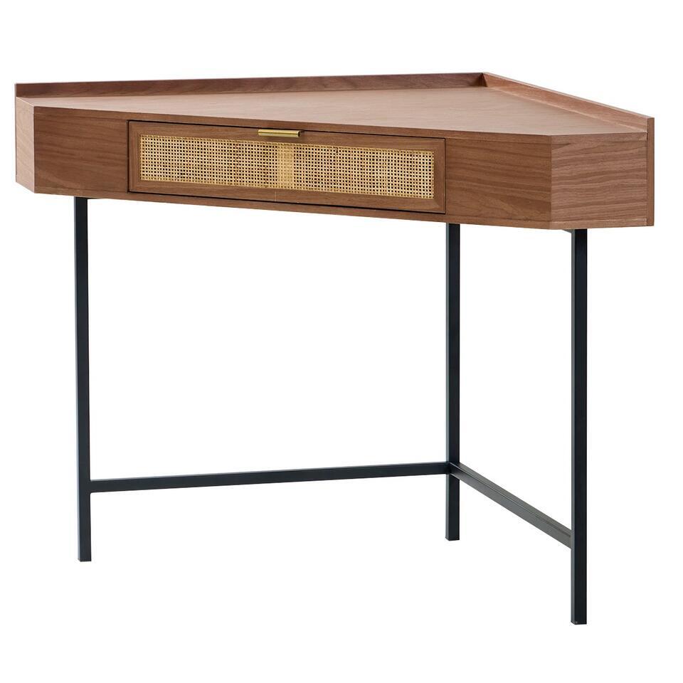 Hoekbureau van hout en rotan met 1 lade en metalen poten
