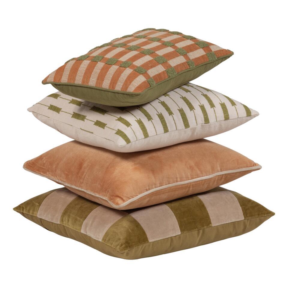 WOOOD Vola Kussens – Katoen – Groen/Oranje – 50x50x10 – Set van 4