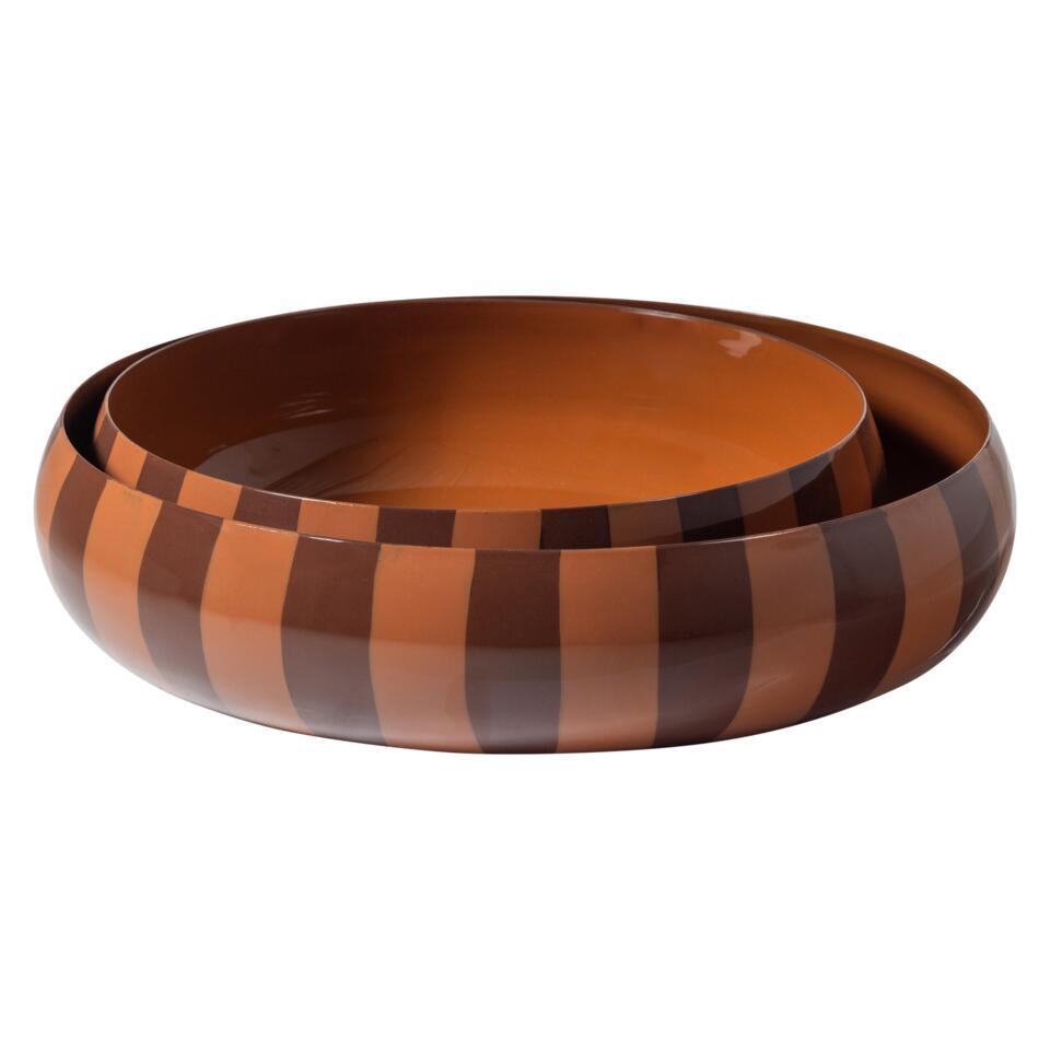 WOOOD Elda Schalen – Metaal – Hoogglans Strepen Bruin/Roze – Set Van 2